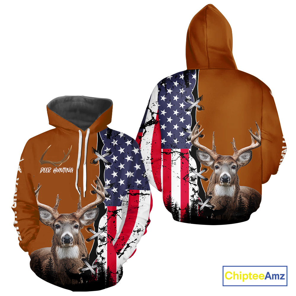 Personalized Orange Deer Hunting 3D Shirt with American Flag Design, Perfect Gift for Hunters NHT280