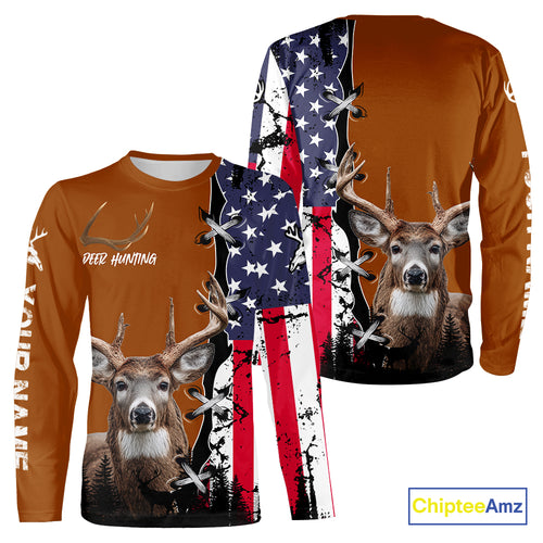 Personalized Orange Deer Hunting 3D Shirt with American Flag Design, Perfect Gift for Hunters NHT280