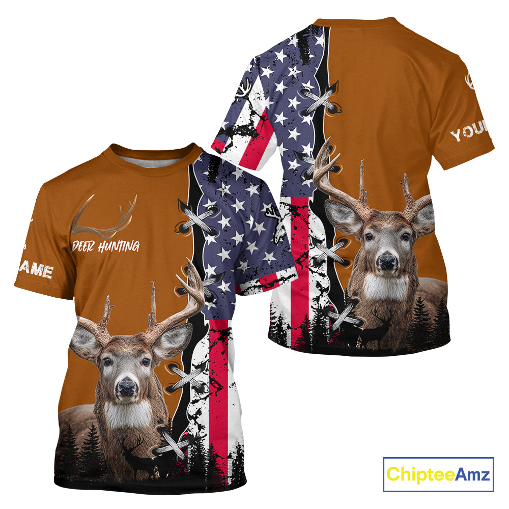 Personalized Orange Deer Hunting 3D Shirt with American Flag Design, Perfect Gift for Hunters NHT280