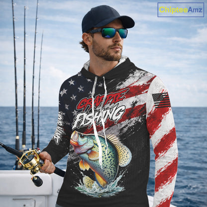 American Flag Crappie Hooded Fishing Shirt For Men, Personalized Crappie Fishing Apparel