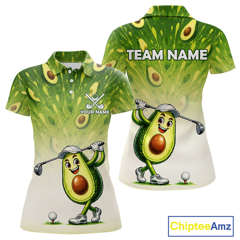 Avocado-themed golf shirt with cartoon character and customizable text on a white background