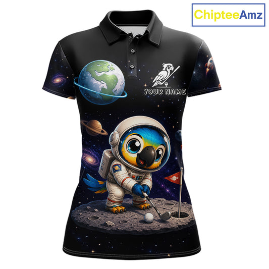 Personalized astronaut parrot womens golf polo shirt, cute space bird golf shirt, front view.
