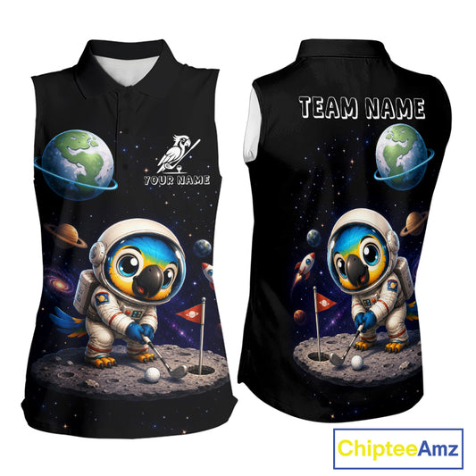 Personalized astronaut parrot womens sleeveless golf polo shirt for golfers, breathable polyester space bird design, casual sport style.