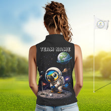 Load image into Gallery viewer, Womens sleeveless golf polo shirt with astronaut parrot graphic, personalized golf team name, cute space bird golf apparel.