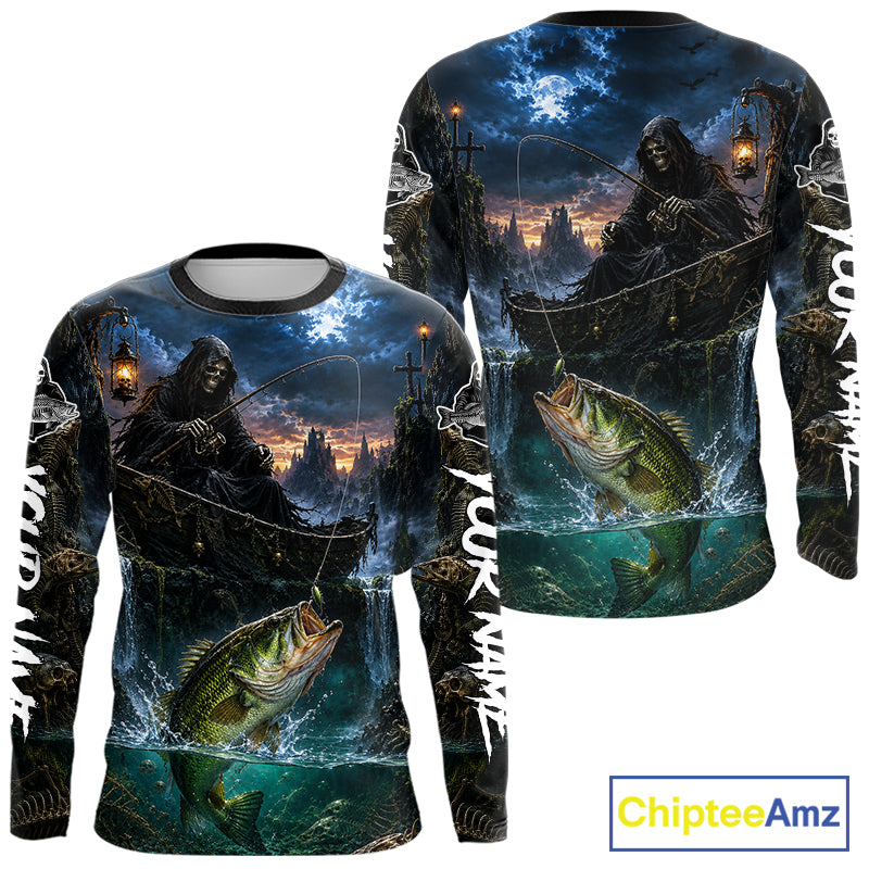 Grim Reaper Fishing Jersey, Largemouth Bass Long Sleeve UV Performance Shirt For Men 