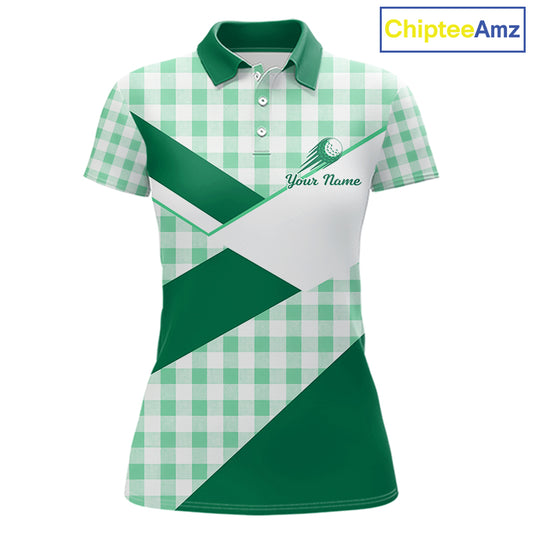 Custom Women’s Green Gingham Plaid Golf Polo Shirts– Personalized Ladies Golf Apparel NHT716