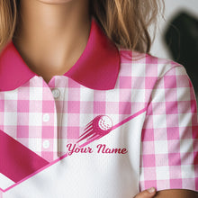 Load image into Gallery viewer, Custom Women’s Pink Gingham Plaid Golf Polo Shirts– Personalized Ladies Golf Apparel NHT719