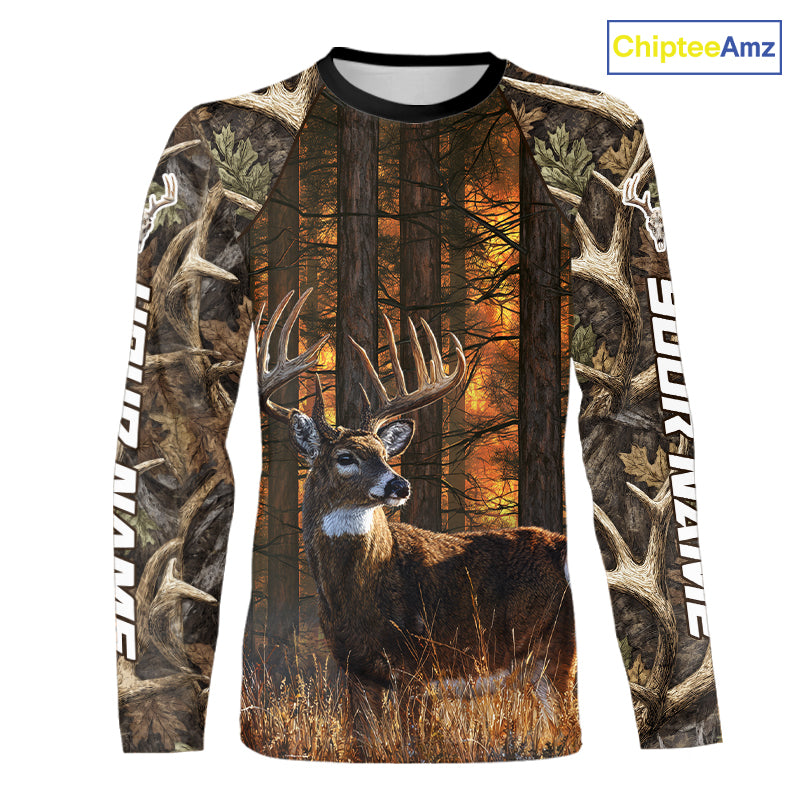 Whitetail Deer Hunting Custom Name All Over Print Shirts Big Buck Forest Camo Hunter Outdoor Gift NHT1365