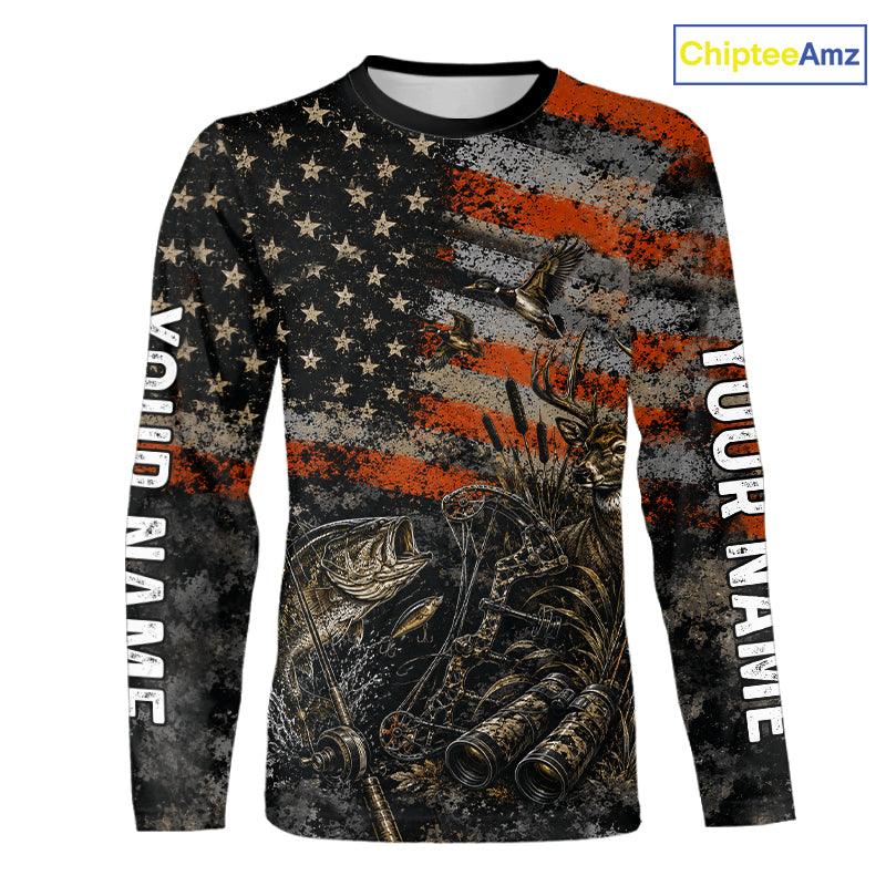 Hunting Fishing American Flag Whitetail Deer Largemouth Bass Outdoor Gift NHT1366