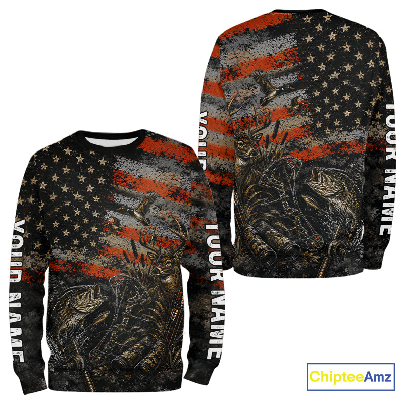 Hunting Fishing American Flag Whitetail Deer Largemouth Bass Outdoor Gift NHT1366