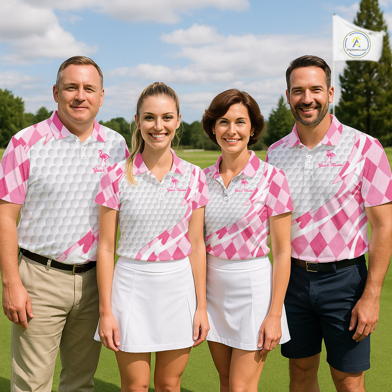 Pink Argyle Plaid Pattern Funny Flamingo Golf Wine Womens Golf Polos Shirt Custom Funny Golf Shirt For Ladies NHT738