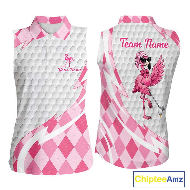 Pink Argyle Plaid Pattern Funny Flamingo Golf Wine Sleeveless Womens  Golf Polos Shirt Custom Funny Golf Shirt For Ladies NHT738