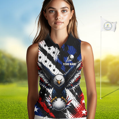 American Flag Eagle Womens Sleeveless Golf Polo Shirts Custom Patriotic Eagle Golf Jersey NHT903