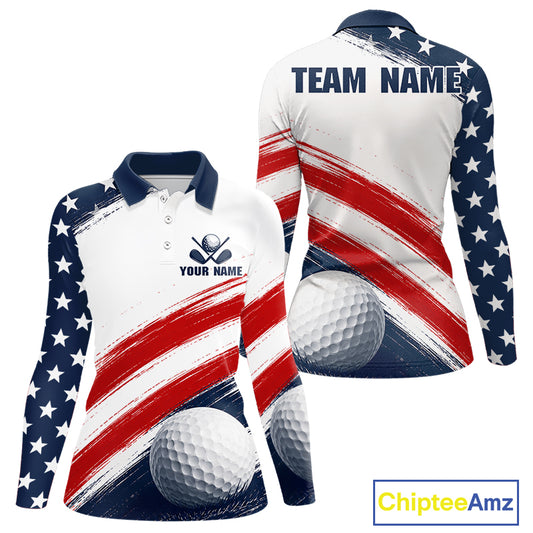 Custom USA Flag Womens Golf Polo Shirt – Patriotic Golf Polo With Personalized Name 
