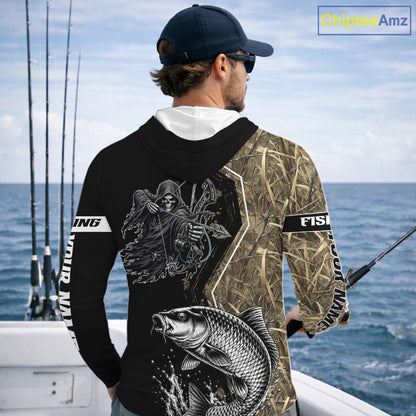 Bowfishing Shirt With Grim Reaper & Carp Fish Camo Design, Fishing Shirts Hooded Long Sleeve For Men NHT1371