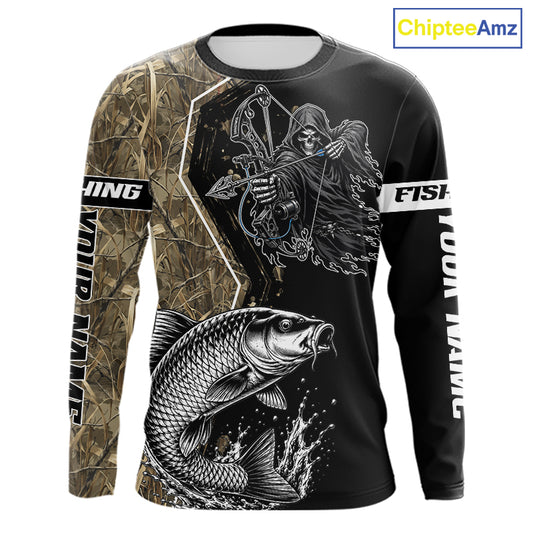 Bowfishing Shirt With Grim Reaper & Carp Fish Camo Design, Fishing Shirts Long Sleeve For Men NHT1371