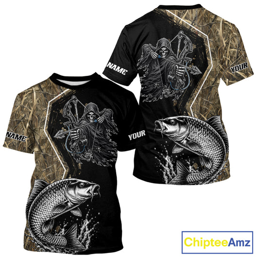 Bowfishing Shirt With Grim Reaper & Carp Fish Camo Design, Fishing Shirts Short Sleeve For Men NHT1371