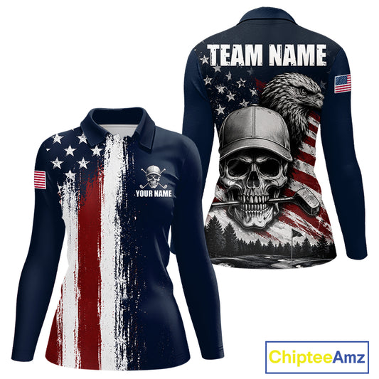 Personalized Skull Eagle Womens Golf Polo Shirt American Flag Patriotic Golf Shirt Custom Name 