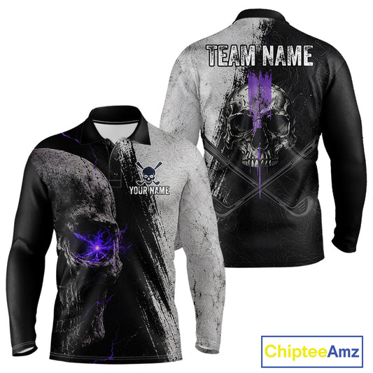 Personalized Skull Mens Golf Polo Shirt Purple Lightning Custom Team Name Golf Shirt 