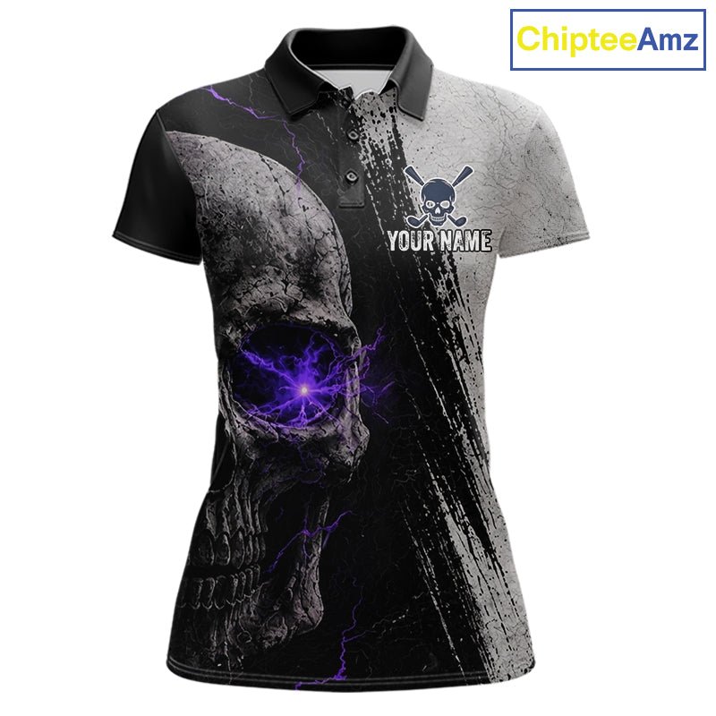 Personalized Skull Womens Golf Polo Shirt Purple Lightning Custom Team Name Golf Shirt 