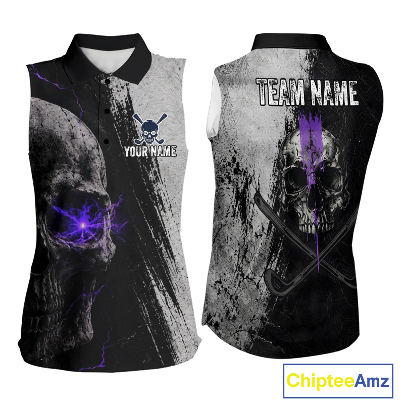 Personalized Skull Womens Sleeveless Golf Polo Shirt Purple Lightning Custom Team Name Golf Shirt 