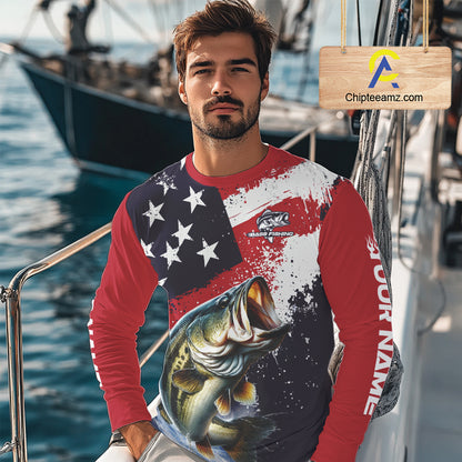 Personalized Bass Fishing Jerseys, Custom American Flag Bass Fishing Shirts Long Sleeve NHT414