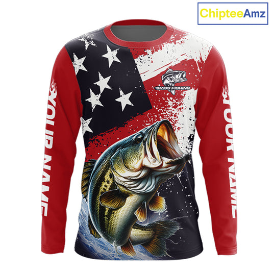 Personalized Bass Fishing Jerseys, Custom American Flag Bass Fishing Shirts Long Sleeve NHT414