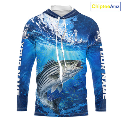 Striped Bass Fishing Jersey Ocean Blue 3D All Over Print Long Sleeve Hooded Performance Shirt NHT1084