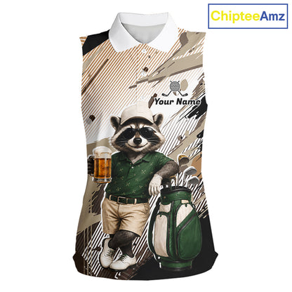 Custom Beige Funny Raccoon Golf Team Shirt For Womens, Womens Sleeveless Golf Jersey Polo Shirt Outfit NHT937