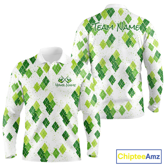 Green Argyle Mens Golf Polo Shirt, Pattern Golf Shirts Custom Team Golf Polo NHT574