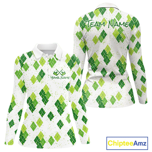 Green Argyle Womens Golf Polo Shirt, Pattern Golf Shirts Custom Team Golf Polo NHT574