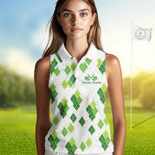 Load image into Gallery viewer, Green Argyle Womens Sleeveless Golf Polo Shirt, Pattern Golf Shirts Custom Team Golf Polo NHT574