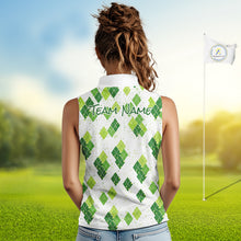 Load image into Gallery viewer, Green Argyle Womens Sleeveless Golf Polo Shirt, Pattern Golf Shirts Custom Team Golf Polo NHT574