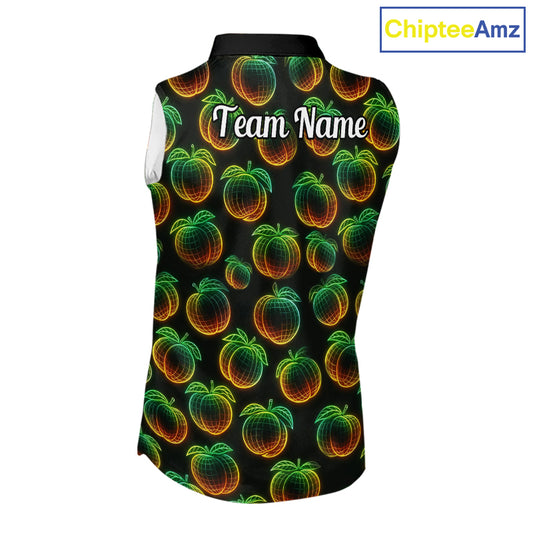 Funny Neon Colorful Peach In Dark Womens Sleeveless Golf Polo Shirt,  Funny Fruit Pattern Polo Top NHT578