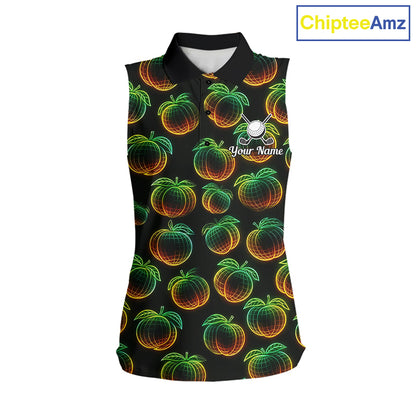 Funny Neon Colorful Peach In Dark Womens Sleeveless Golf Polo Shirt,  Funny Fruit Pattern Polo Top NHT578