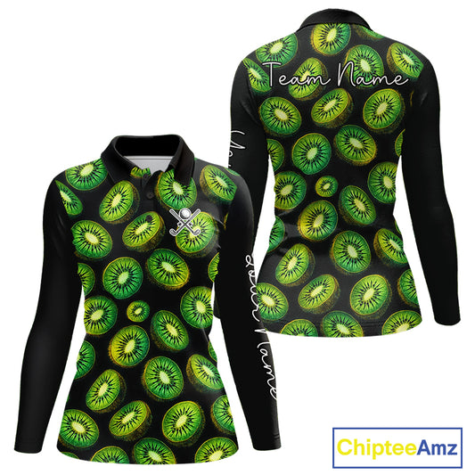 Funny Colorful Kiwi In Dark Golf Women's Polo Shirt,  Funny Fruit Pattern Polo Top NHT579