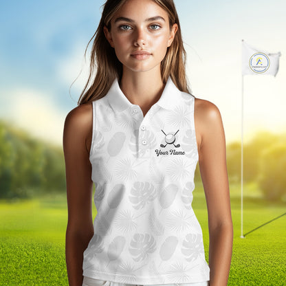 Sleeveless Womens Golf Polo Shirts Custom Gray Tropical Leaves Golf Shirts, Best Womens Golf Wears NHT783