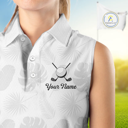 Sleeveless Womens Golf Polo Shirts Custom Gray Tropical Leaves Golf Shirts, Best Womens Golf Wears NHT783