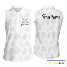 Load image into Gallery viewer, Sleeveless Womens Golf Polo Shirts Custom Gray Tropical Leaves Golf Shirts, Best Womens Golf Wears NHT783