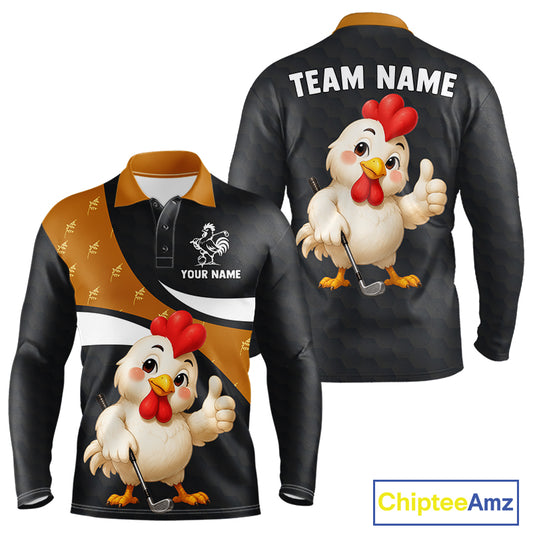 Funny chicken men golf polo shirt with rooster golfer design and custom name