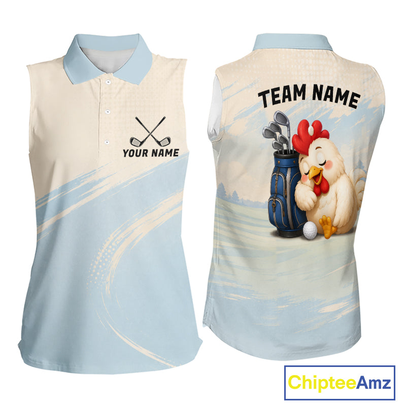 Funny Chicken Womens Sleeveless Golf Polo Shirt  Personalized Custom Name Blue Golf Polo