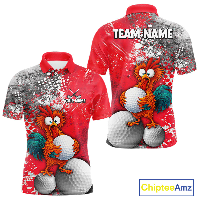 Custom golf polo shirt shown from the front and back on a white background. The shirt features a red and gray splattered design with a cartoon rooster holding golf balls, customizable text placeholders, and a ChipteeAmz logo in the bottom right corner.