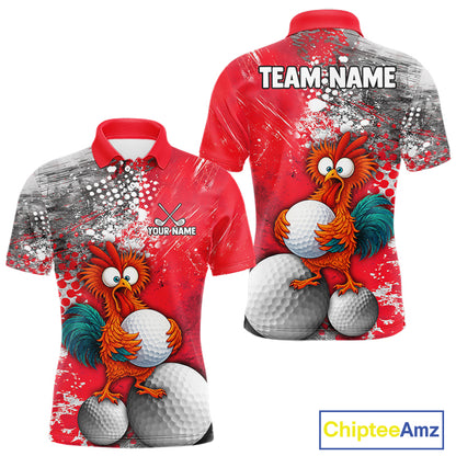 Custom golf polo shirt shown from the front and back on a white background. The shirt features a red and gray splattered design with a cartoon rooster holding golf balls, customizable text placeholders, and a ChipteeAmz logo in the bottom right corner.