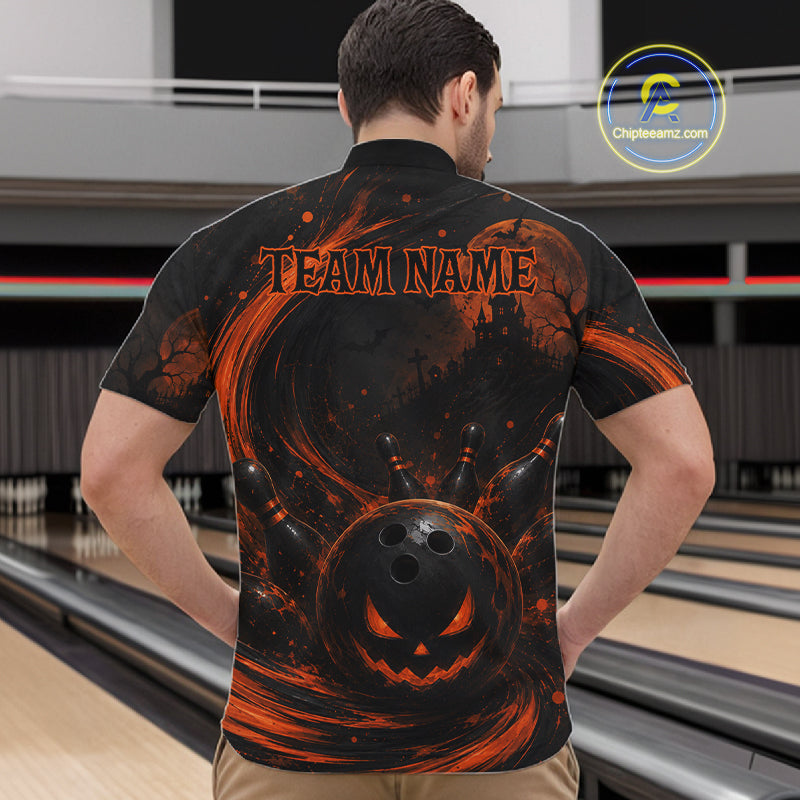 Personalized Halloween Bowling 1/4 Zip Polo Shirt For Men - Scary Pumpkin Team Name Jersey NHT1274