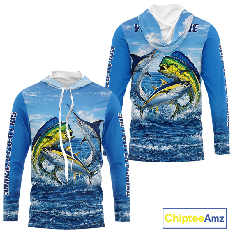 Personalized Mahi Mahi, Marlin, Tuna Blue Performance Fishing Shirt, Hooded Saltwater Tournament Shirts NHT600