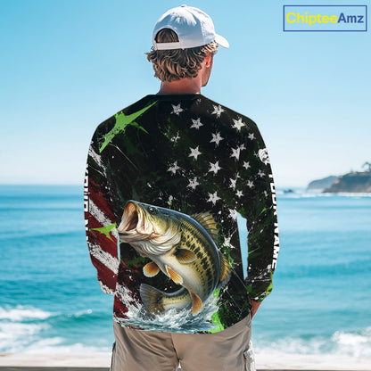 Best Bass Fishing Shirts Long Sleeve American Flag Patriotic Custom Name Fishing Tournament NHT964