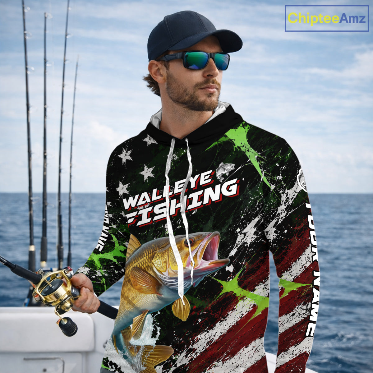 Best Walleye Fishing Shirts Long Sleeve Hooded American Flag Patriotic Custom Name Fishing Jersey NHT967