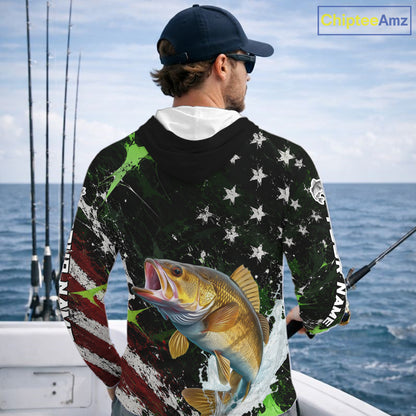 Best Walleye Fishing Shirts Long Sleeve Hooded American Flag Patriotic Custom Name Fishing Jersey NHT967