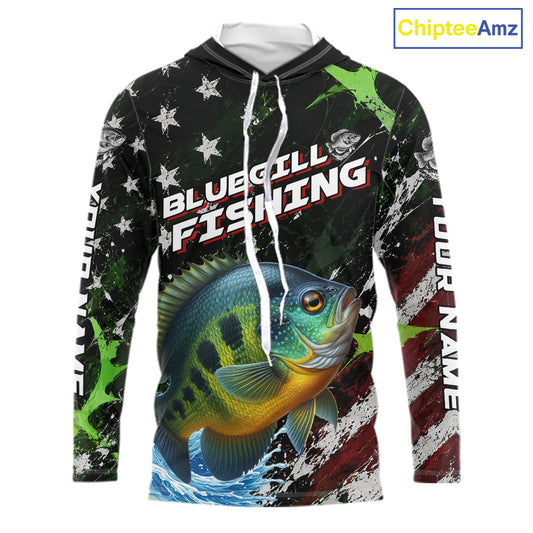 Best Bluegill Fishing Shirt Long Sleeve Hooded American Flag Patriotic Custom Name