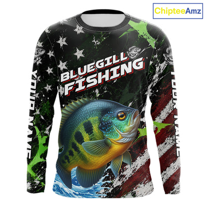 Best Bluegill Fishing Shirt Long Sleeve American Flag Patriotic Custom Name